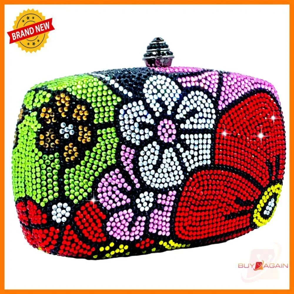Mini Flower Crystal Clutch Evening Bag with Detachable Chain Straps
